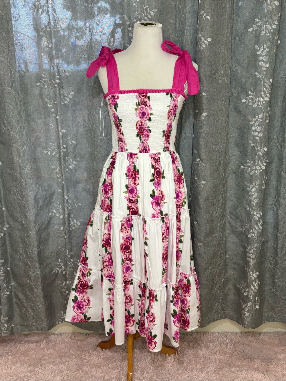 Francesca's Collections White Maxi Dress with Pink Floral and Fuchsia Tie Straps